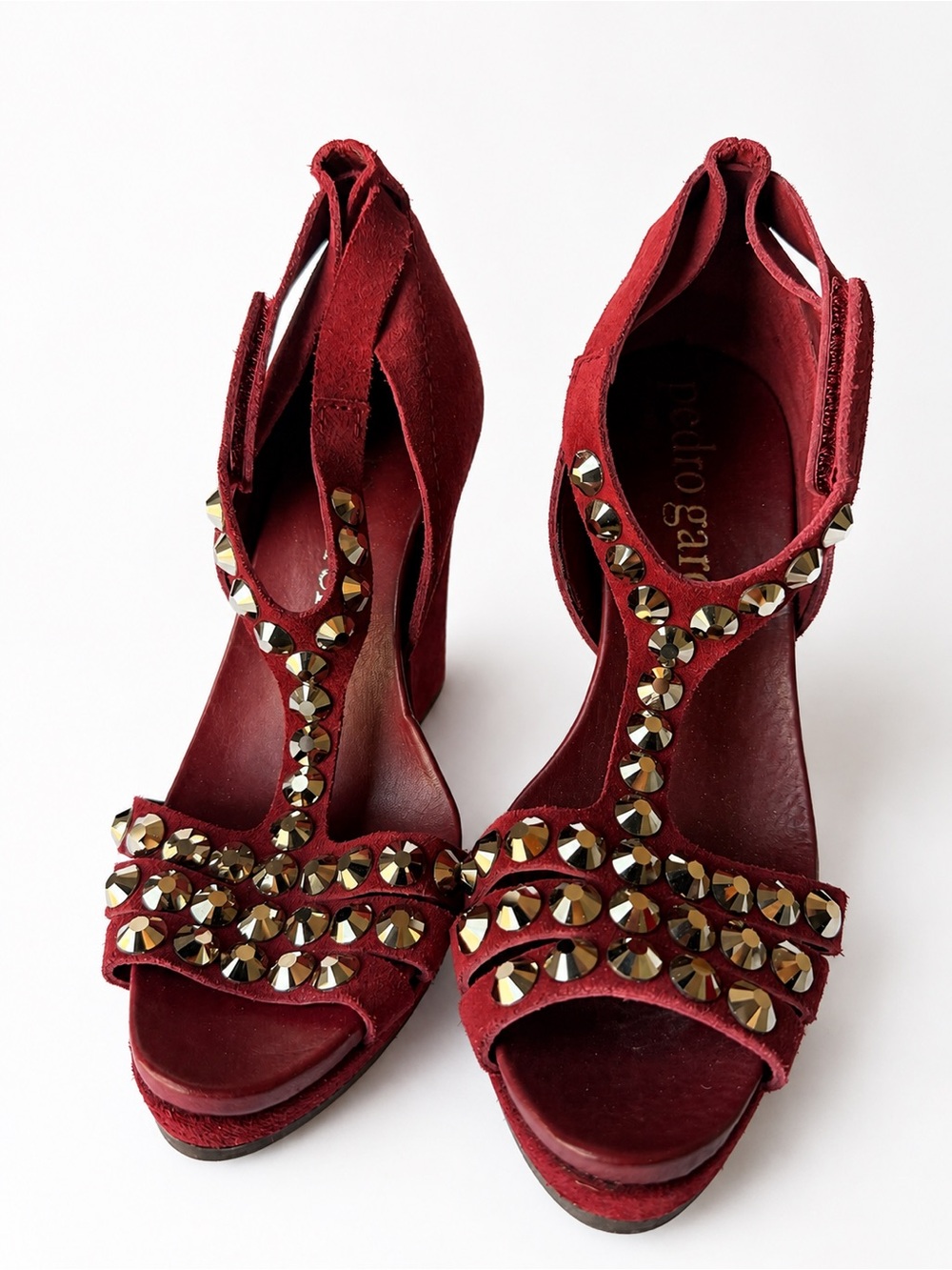 Pedro Garcia Red Suede Studded Wedge Sandals Sz 37 Burgundy Open Toe Spain US 7